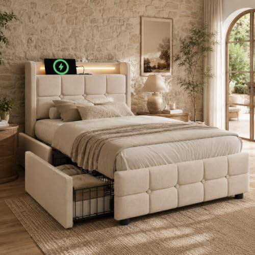 Sapgaks Bett 90x200 mit LED und USB, Polsterbett 90x200cm mit 2 Schubladen und Kopfteil, Einzelbett mit Stauraum und Lattenrost aus Holz, Stauraumbett Jugendbett Modernes Bettgestell -Beige