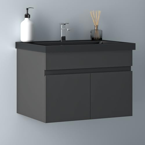 Biubiubath Badezimmer Badmöbel 60cm Schwarz Mineralguss Waschtisch mit Unterschrank Hängeschrank Dunkelgrau Matt Badezimmerschränke Badschrank mit 2 Soft-Close Türen