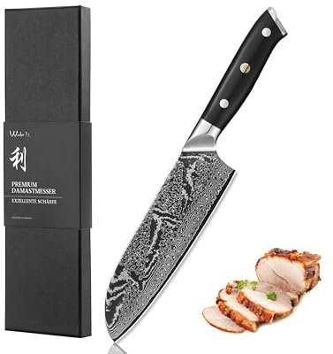 Wakoli Nitoko Santoku Messer I 18,0 cm Damaststahl (67 Lagen) mit VG10-Kern, 60 ± 2 HRC, G10-Griff, Full Tang I Damast Küchenmesser für saubere Druck- und Zugschnitte in Geschenkbox - Messer scharf