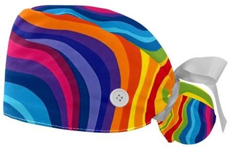 Abstrakte künstlerische Regenbogen-Knopf-Arbeitskappe mit Schweißband, 2 Stück, Krankenschwestern, Zahnärzte, medizinische Totenköpfe und Mützen, Abstrakter, künstlerischer Regenbogen, One size
