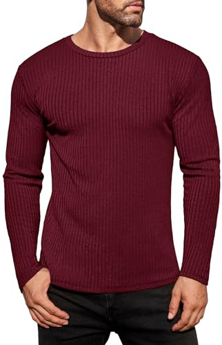 Ekouaer Thermal Hombre Invierno Manga Larga Transpirable Suéter de Canalé Oscuro Rojo XXL