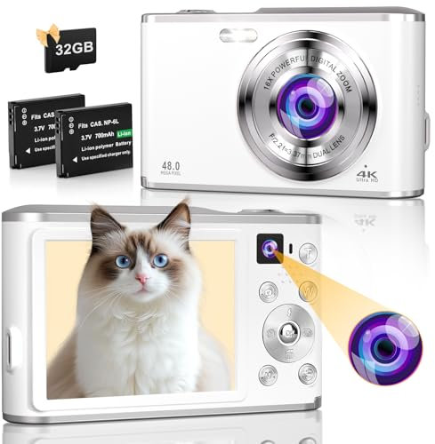 Macchina Fotografica Digitale, Fotocamera Compatta 4K Autofocus con Scheda SD 32G e Doppia Fotocamera, HD 48MP con Schermo Grande 2,8 Pollici, Fotocamera con Zoom Digitale 16X per Principianti-Bianco