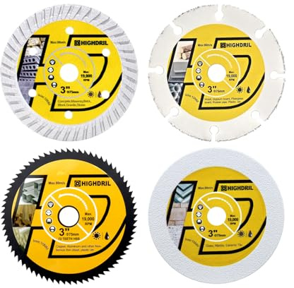HIGHDRIL Set di lame per sega circolare, 75 mm x Arbor 10 mm, 4 pezzi – Diamante/HSS/Carburo di taglio per tagliare metallo morbido rame alluminio granito piastrelle marmo granito plastica legno vetro