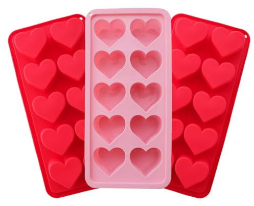 3 Pcs Heart Shaped Ice Cube Trays - 10-Cavity Silicone Molds in Pink & Red for Ice Cubes, Candy & Chocolate