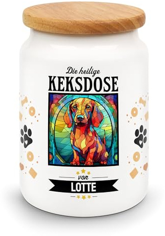 Große Leckerlidose als Heilige Keksdose für Hunde gestalten - personalisiert mit Namen und Buntglas-Motiv (50 Hunderassen zur Wahl) - hygienische und praktische Aufbewahrung - für Hundebesitzer