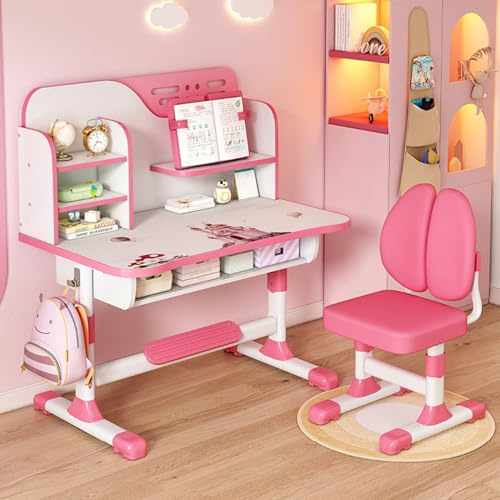 Juego de sillas de escritorio para niños, altura ajustable, diseño ergonómico, tablero grande y cajón de almacenamiento