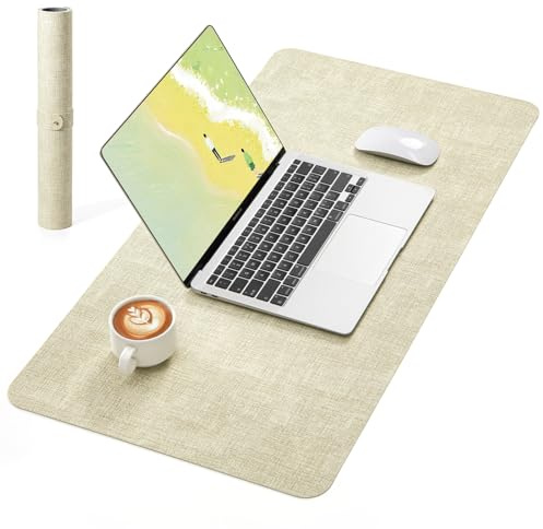 NOSTHEART Leder-Schreibtischunterlage, Rutschfeste Büromatte, Wasserdichter Schreibtischschutz, Litchi- und Stoffstruktur, 80x40cm große Mausunterlage für Schreiben, Laptop & Büro (Grau/Beige)