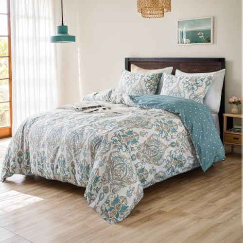 Nayoroom Bettwäsche 135x200 Baumwolle Blumen Blau Paisley Boho Bettbezug | Baumwoll Bettwäsche-sets,Bohemian,Vintage,Aesthetic,Pflanzenmuster,Wendebettwäsche,ÖKO-TEX,Kissenbezug 80x80,Reißverschluss