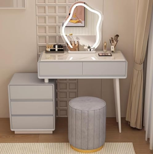 Schminktisch-Set mit abnehmbarem Spiegel, gepolstertem Hocker und Beistellschrank, für Mädchen und Damen, Schminktisch für Schlafzimmer, Ankleidezimmer, Hellgrau, 80 x 40 x 78 cm, Weiß