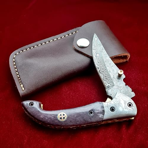CRAFTOMATIK Damast Stahl Taschenmesser | Klappmesser | Kamelknochen, Damast Stahl, Messing, Mosaik Stift Griff | Handgefertigt Outdoor Damastmesser Camping Messer | FK42
