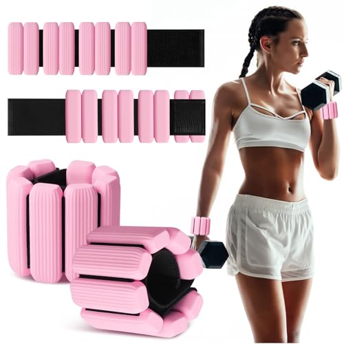 MESUADESI Wrist Weights Set of 2, Wearable Wrist Ankle Weights for Women & Men, Silicone Weighted Bangles Adjustable Arm and Leg Weights for Walking Yoga Pilates Running Dance Gym 2lb（Pink）