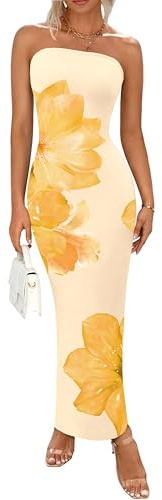 PRETTYGARDEN Women Summer Strapless Maxi Dress Bodycon Floral Sexy Long Wedding Guest Dress Formal Tube Mesh Cocktail Dresses(Yellow Flower,Large)