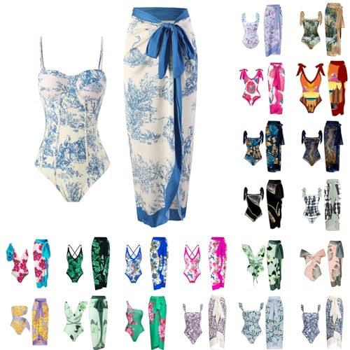 Maillot de bain 2 pièces pour femme avec paréo assorti couvre-maillots dames été vintage à imprimé floral monokinis maillots de bain avec jupe longue enveloppante boho vacances vêtements de plage, 01