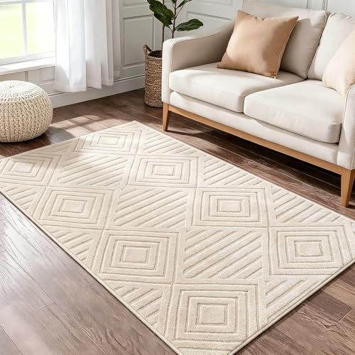 Capslpad Alfombra Pasillo Corredor 80x150cm Beige Moderna Lavable Alfombra de Cocina Alfombra Geometría 3D Efecto Alto Bajo Antideslizante Alfombras para Salón Dormitorio Entrada