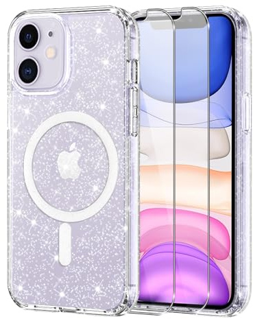 Knrlqim Coque Paillettes pour iPhone 11, Compatible avec MagSafe | Étui Transparent TPU Brillant, avec 2x Verre Trempé 9H, Antichoc Antirays, Glitzer Case Magnétique pour iPhone 11