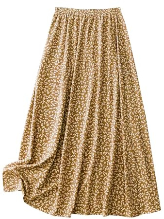 KUIH Skirts for Women UK Summer Floral Boho Long Skirts for Ladies Elasticated Waist A Line Maxi Skirt Party Dress Holiday Vacation Beach Clothes Khaki