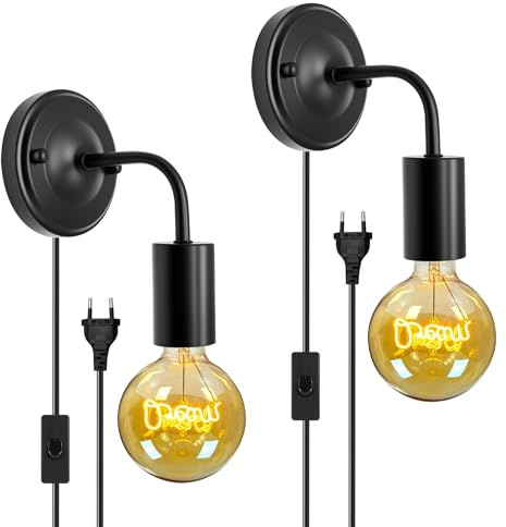 ZRLXFM Lámpara de Pared Interior, E27/E26 Apliques de Pared con Interruptor y Enchufe, Negro Industrial Lámpara de Pared con Metal Base Engrosada Iluminación Moderno Interior-2 Piezas (Sin Bombillas)