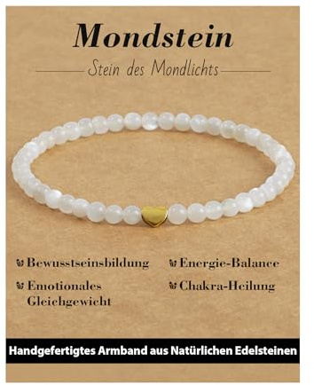 Landorilo Bracciale da Donna, Pietra Naturale da 4 mm con Perline d'Amore Placcate Oro 925, Bracciali Yoga di Cristallo, Regalo di Natale, Compleanno, Anniversario(Pietra di Luna)