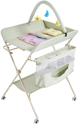Warmiehomy Baby Changing Table, Foldable & Mobile Diaper Changing Station with Wheels, 3-Level Height Adjustable, Dual-Layer Storage (Box & Shelf) Multi-Functional for Newborn & Infant Green