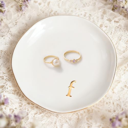 Birthday Gifts for Women, Initial Trinket Dish, Jewellery Dish, Ring Holder, Engagement Ring Dish, Cute Room Decor, Bride Engagement New Home Gifts Small Friendship Christmas House Warming Gift(F)
