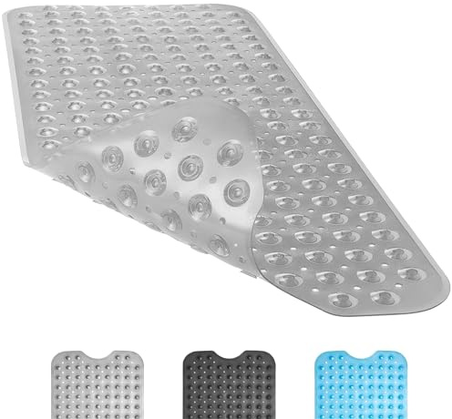 Bath Mat Non Slip, Anti Mould Shower Mat 100x40 cm, Anti-Slip Shower Mat, Machine Washable Rubber Bathroom Mats with 200 Strong Suction Cup, Drain Hole, Ideal for the Elderly and Children (Grey)