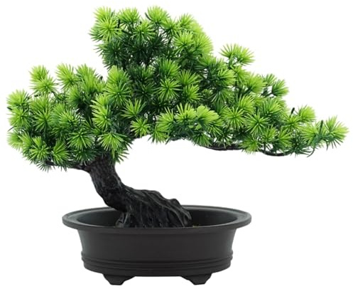 Bonsai-Baum für den Innenbereich, realistische Dekoration für Büro, Hotel, 23 cm Höhe, schwarzer Topf, grüne Blätter, Nadel, einzigartiges gebogener Stamm