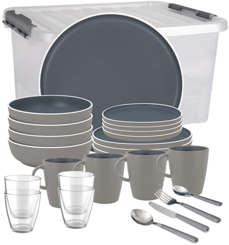 BRUNNER Camping-Geschirr-Set (12 16 oder 36-TLG) Trilogy Dark Stonetouch | Antislip (Antirutsch), 2-4 Personen, wie Steingut (StoneTouch), Bruchfest, Teller & Schüsseln, Wohnmobil Wohnwagen Boot