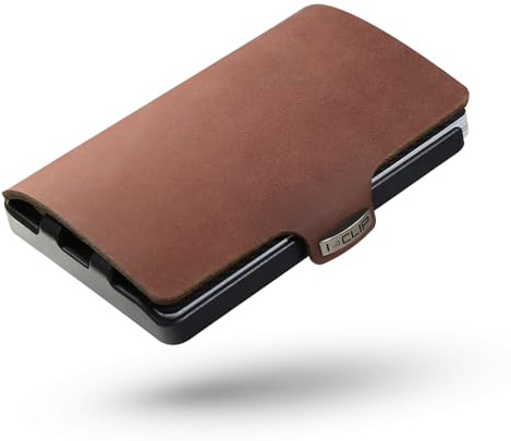 I-CLIP Original Herren Geldbörse – Slim Wallet mit Geldklammer – Mini-Portemonnaie mit Platz für bis zu 12 Karten – Ultraleicht mit nur 22g – Soft Touch Leder Oak – Schwarzer Rahmen