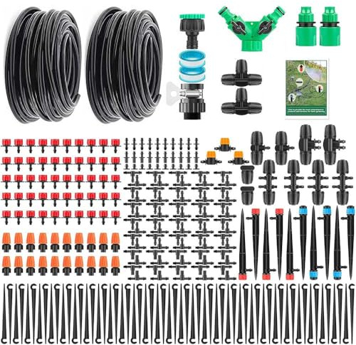 Ccarzzi 315PCS Irrigation System Kit, Garden Plant Watering Devices Automatic Watering System with 15M +60M Irrigation Pipes, Adjustable Nozzle for Garden, Lawn, Flower Bed, Greenhouse