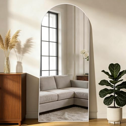 NEUWEABY Specchio da pavimento ad arco 165 x 60cm con specchio a figura intera con supporto, grande specchio a tutto il corpo da appendere o appoggiato alla parete per camera da letto, Bianco