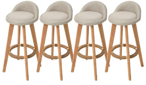 Warmiehomy 360° Swivel Kitchen Breakfast High Bar Stools Set of 4, Beige | Modern Linen Fabric Bar Stools with Wooden Legs and Low Backs, 73cm Seat Height Stools for Kitchen Counter, Pub, Bistro, Cafe
