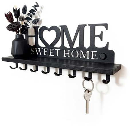 SirHoldeer Portachiavi da Parete con Mensola in Rovere Nero e Metallo - Organizer da Ingresso con 8 Ganci - Home Sweet Home