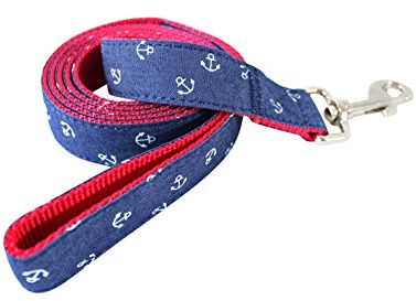 CANIPSUM | Marken Hundeleine mit Handschlaufe | Länge 150cm | rotes Nylon, blauer Stoff mit weißem Ankermuster | sehr stabil | für große und kleine Hunde | Designer Führleine | Trainingsleine
