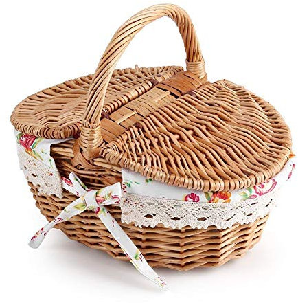 NIMOA Picknick Korb - Oval Wicker Leinen Blumen Picknick Speicher Korb mit Doppel Deckeln, Holiday Camping Verwenden Home Decor