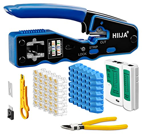 Hiija Kit Crimpadora RJ45 Cat6 Cat5e Cat5 con Comprobador de Cable, Herramienta Ethernet 3 en 1 con Pelacables, 50 Conectores RJ45 Pasantes y Fundas