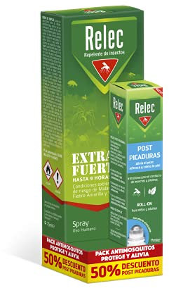 Relec Extra Fuerte Spray Antimosquitos + Roll-on Post-Picaduras Eficaz Contra El Mosquito Tigre, Protección Contra las Picaduras de Mosquitos en Zonas Tropicales y Condiciones Extremas