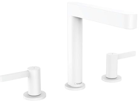 hansgrohe 3-Loch Waschtischarmatur Finoris, Wasserhahn Bad mit Auslauf Höhe 160 mm, mit Push-Open Ablaufgarnitur, Badarmatur wassersparend, Mattweiß