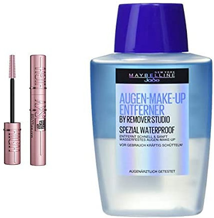 Maybelline New York Augen-Make-up Set, Schwarze Wimperntusche für lange Wimpern, Lash Sensational Sky High, Very Black, 7,2 ml und Augen Make-up Entferner, Auch für wasserfestes Make-up, 150 ml