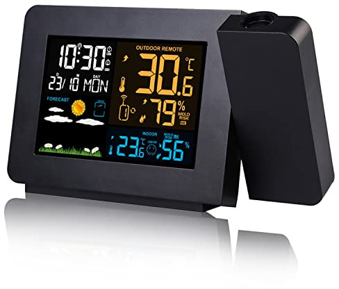 UIBAO Projection Alarm Clocks,Weather Station for Bedrooms Wireless Indoor Outdoor Thermometer Digital Alarm Clock with Two Alarms Snooze Function 12/24 Hour/Dimmer