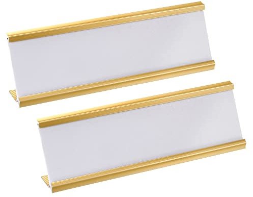 PATIKIL 2 x 7 Pulgadas Aluminio Nombre Placa Soporte, 2uds L Tipo con Blanco Vacío Grabado Nombre Placa para Escritorio Oficina Negocio Puerta Letrero Soporte Dorado Tono