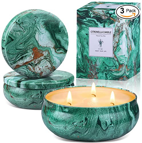 VICBAY Candela Citronella Set Esterno Interni, 3 x 14oz 3 stoppini Giardino Candele Citronella, Durata 240-300 Ore Bruciando,100% Olio Essenziale di Cera di Soia Naturale per Patio/Balcone/Campeggio