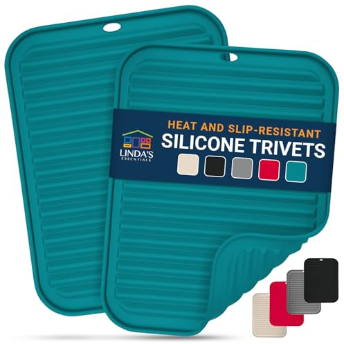 Linda's Essentials Silicone Trivets for Hot Pans and Pots (2 Pack) - Multipurpose Silicone Heat Resistant Mat and Pot Holder Trivet (30 x 23cm) - Heatproof Mats for Kitchen (Teal)