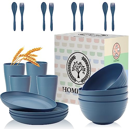 Wheat Straw Dinnerware Sets, Homienly 20pcs Unbreakable Microwave Dishwasher Safe Tableware Lightweight Bowls, Cups, Plates Set Reusable Dinner Plates Bowls set (Blue)
