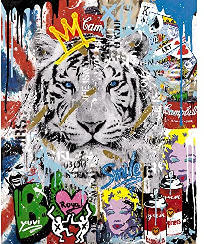 Tiger graffiti måla efter nummer för vuxna Banksy gatukonst gör-det-själv oljemålning kit på duk med penslar och akrylpigment abstrakt djurbild för hem väggdekor 40 x 50 cm (16 x 20 tum) (ramlös)