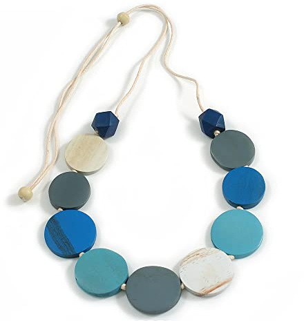 Avalaya Graduated Blue/Turquoise/White/Grey Wood Button Bead Necklace with White Cotton Cord/Adjustable/ 96cm L