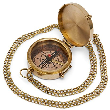 NKlaus Kompass aus Messing mit 100cm Kette, 5cm Taschenkompass, 1 Stück | Gewicht: 120g; Durchmesser: 5cm; Höhe: 2cm