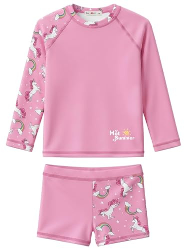 weVSwe Flicka baddräkt UPF 50+ skydd långärmad tvådelad rosett badmode rash guard volanger sällsynta sömmanschetter, Rosa enhörning-2, 7-8 år