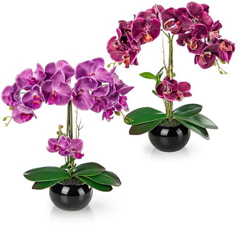 PASCH® 2er Set Künstliche Orchideen in Hochglanz-Keramiktöpfen (40cm) | Kunstblumen Wie Echt | Künstliche Blumen im Topf (Purpur-Lila/Schwarz)