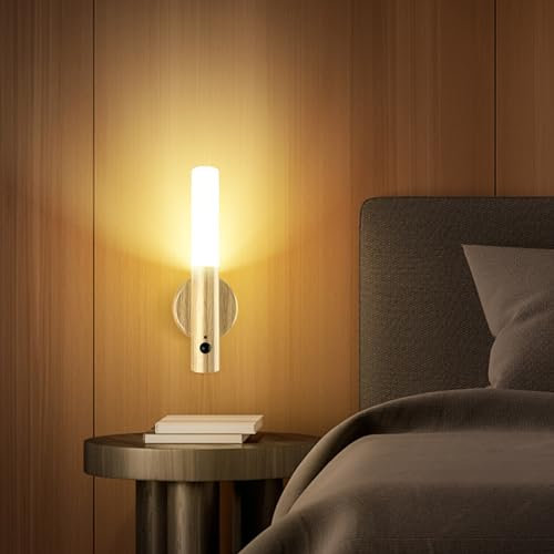 SYMYNELEC Applique Murale Sans Fil Bois, Veilleuse LED Rechargeable Murale avec Détecteur de Mouvement, lampe de chevet murale à Pile, Veilleuse Magnétique pour Escalier Chambre Couloir (Bois Clair)