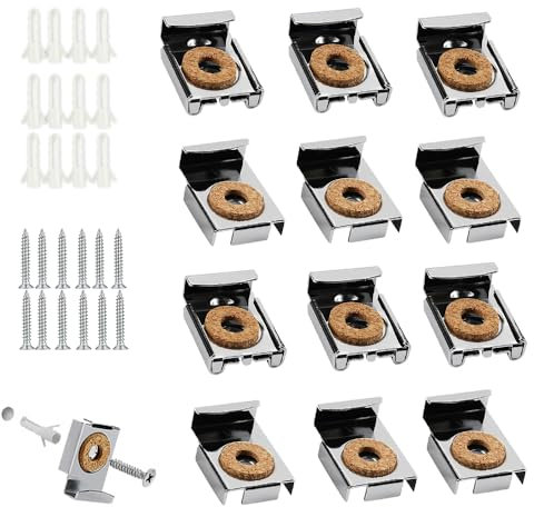 Homefantasy 12 Piezas Soportes de Espejo,Soportes para Espejos,Clips de Espejo Sin Marco,Soporte para Espejo Sin Marco,Soporte Espejo Pared,con Tacos y Tornillos,para Fijación de Espejo,Cristal